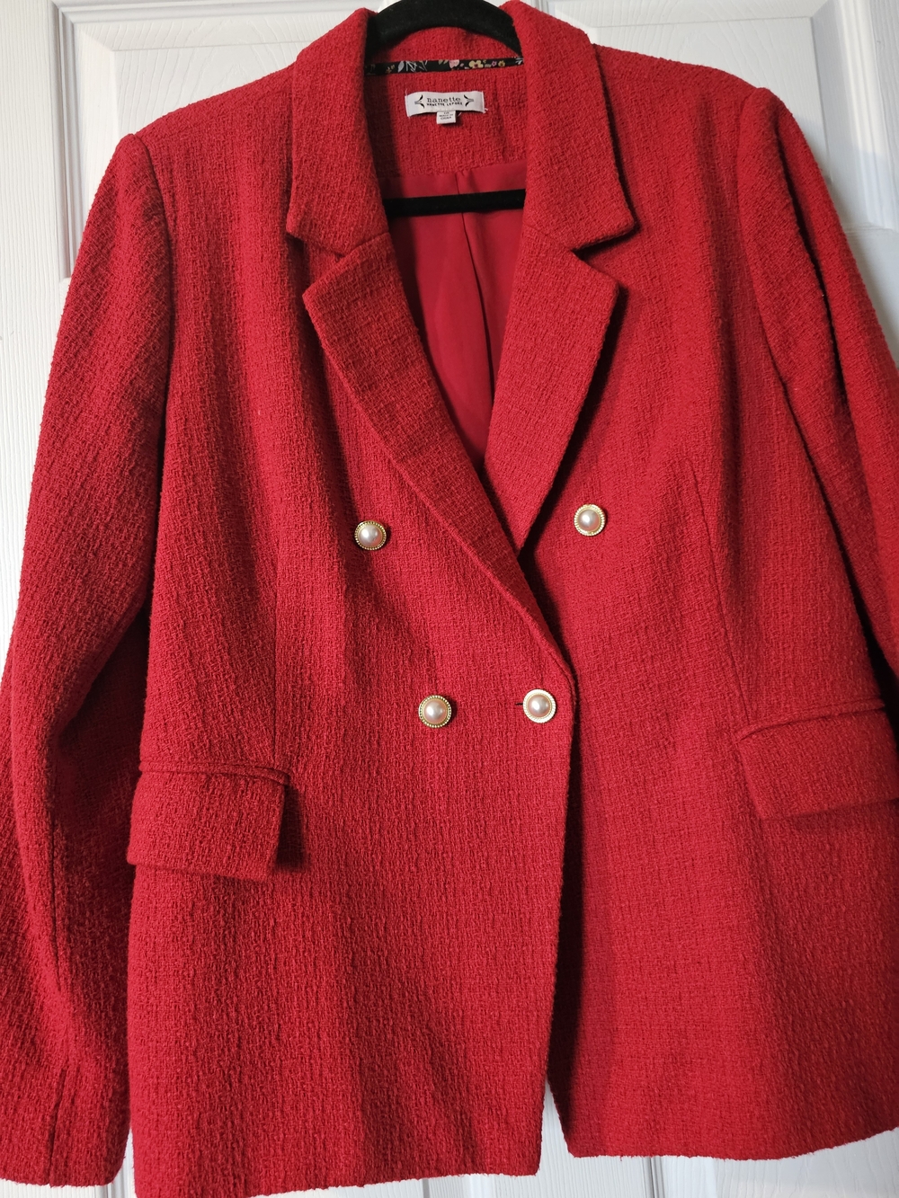 Nanette Lepore Red Tweed Double-Breasted Pearl-Button Blazer